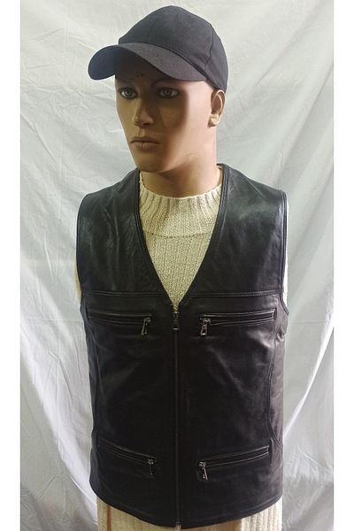 Savran Deri Genuine Leather Vest with Eight Pockets