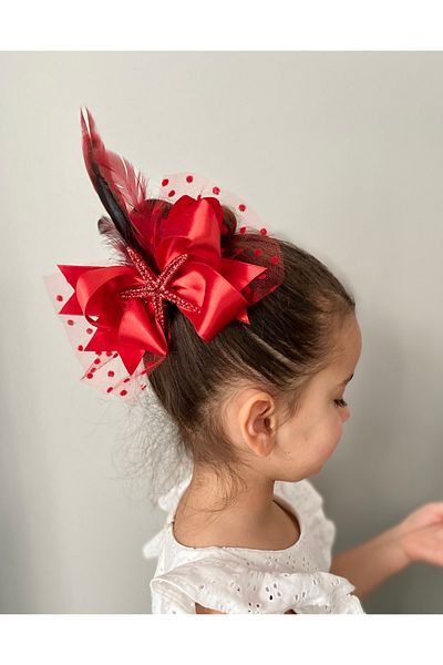 kombin takı 17 cm X 12 cm Red Satin Starfish and Feather Hair Clip for Girl