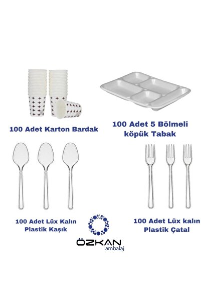 megaw 5 Gözlü Köpük Tabak- Karton Bardak - Lüx Kaşık - Lüx Çatal Set