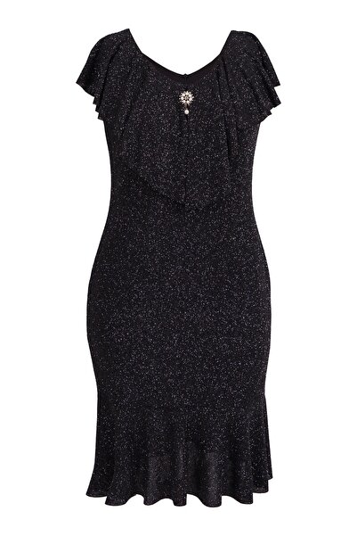 SpringStore Siyah Simli Broşlu Büyük Beden Abiye Elbise