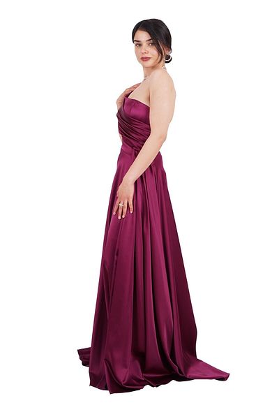 SpringStore Plum Slit Strapless Satin Evening Dress