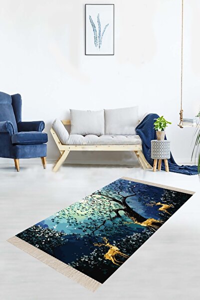 on the clouds Mavi Geyik Ağaç Doğa Desenli Dijital Baskı Yıkanabilir Kaymaz T...