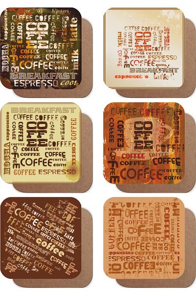 Hayat Poster Vintage Style Set of 6 Retro Wooden Coasters with Coffee Written