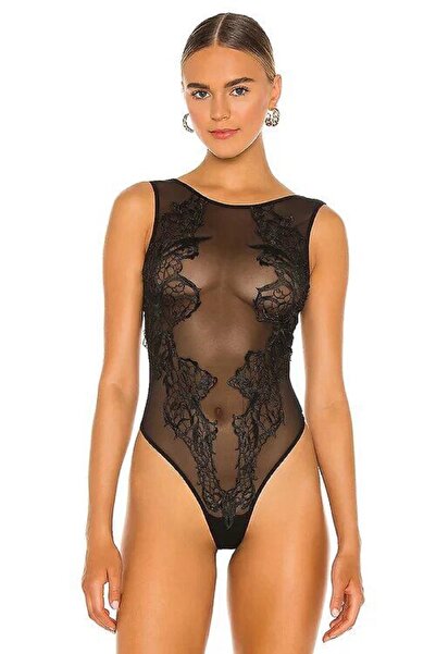 GİYİMX Siyah Dantel Detaylı Sıfır Kol Likralı Çıtçıtlı Bodysuit Gecelik