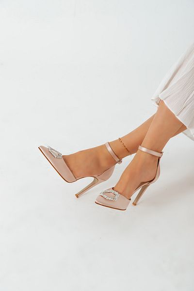 La Limar Pantofi cu toc pentru femei Limar Bej Satin Stone Detaliat Curea la gleznă 10,5 cm Stiletto vârf ascuțit