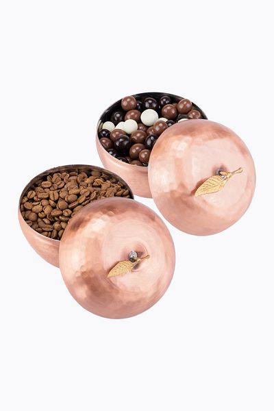 DMT COPPER HOME Handcrafted Copper Sugar Bowl Turkish Delight Bowl Set 2 Pieces Apple Motif Turkish Coffee Serving Bowl Hand Forged (diameter 6.5 cm)