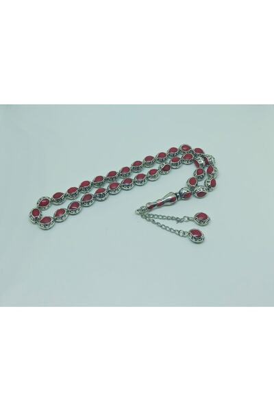 Budakoğulları سبحة فضية مرصعة بالمينا المرجانية والفضية على شكل حرف R