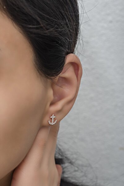 Nereze 925 Ayar Gümüş Minik Zirkon Taşlı Gemi Çapası Küpe