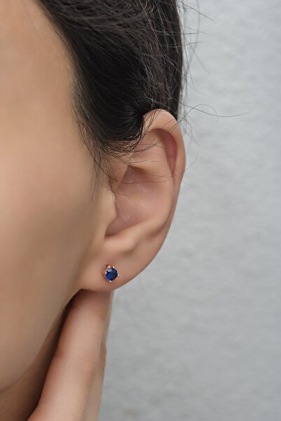 Nereze 925 Ayar Gümüş Rose 4 Mm Lacivert Taşlı Tektaş Küpe