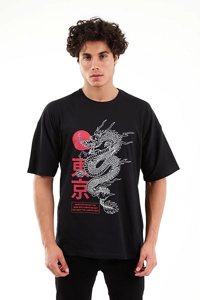 Mad&Calf Unisex Oversize Warriors εμπριμέ μαύρο μπλουζάκι
