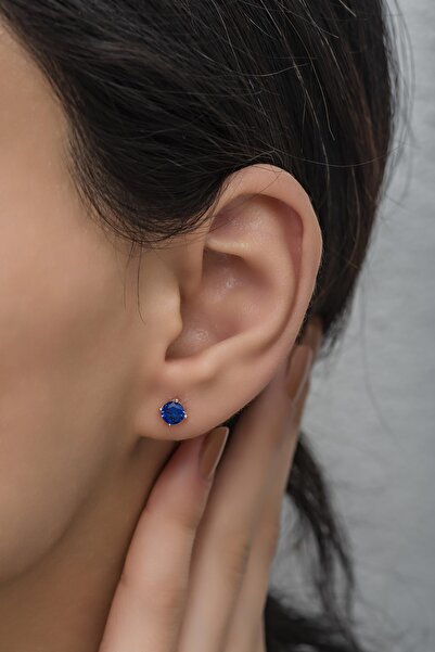 Nereze 925 Ayar Gümüş Rose 5 Mm Lacivert Taşlı Tektaş Küpe