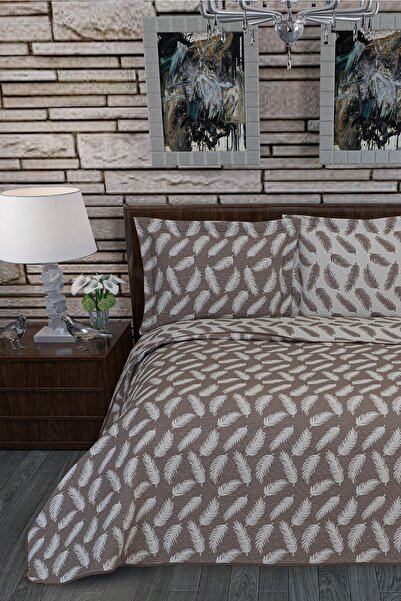 Bohemian Feather Double Face Çift Kişilik Yatak Örtüsü Kahve