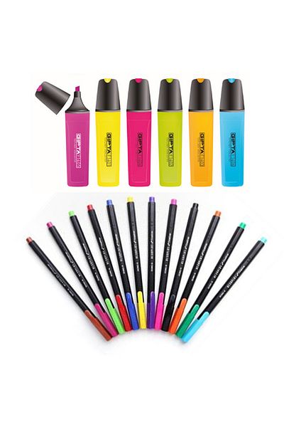 Gıpta 12 Colors Fineliner Fine Tip 0.4 Mm Pen 6 Colors Highlighter Marker Set
