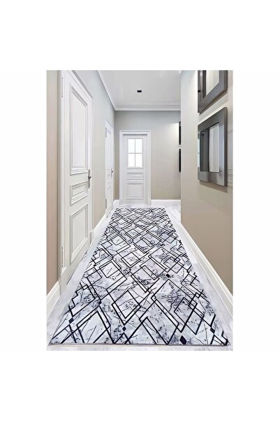 Venüs Gri Siyah Üçgen Desenli Kaymaz Yıkanabilir Ince Rulo Kesilebilir Jel Halı