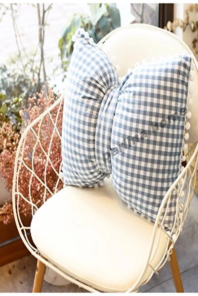 perlina home 40x40cm Ponponlu Fiyonk Kırlent Ekoseli Gri