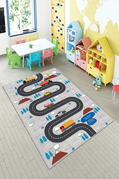 Pelangi Gri Araba Yollu Trafik Yıkanabilir Kaymaz Taban Leke Tutmazbebek Ve Ç...