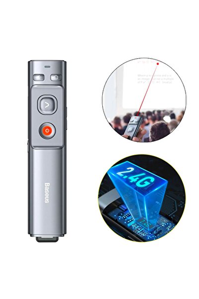 Baseus Projeksiyon Sunum Kırmızı Lazer Işaretçili Uzaktan Kumanda Presenter Gri
