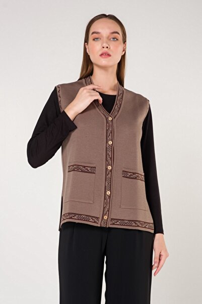 Uludağ Triko Γιλέκο με λαιμόκοψη σε σχήμα V με κορδόνια και κουμπιά από βιζόν