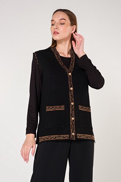 Uludağ Triko Black Kilim Banded Buttoned V-Neck Vest