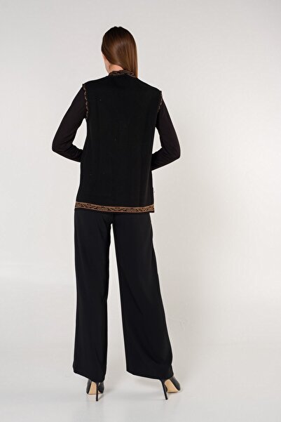 Uludağ Triko Black Kilim Banded Buttoned V-Neck Vest