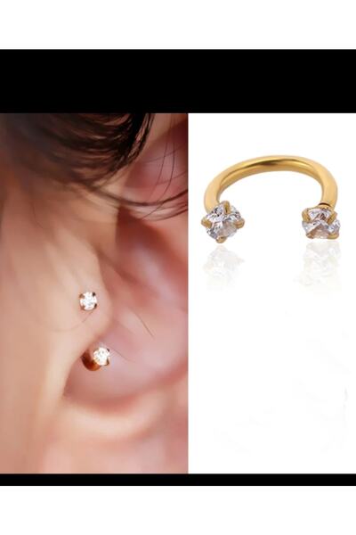 Arescollection Cerrahi Çelik Gold Renk Zirkon Taşlı Tragus Helix Rook Piercing
