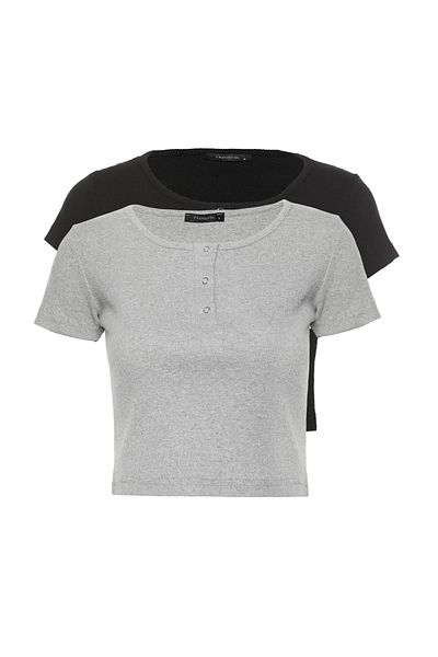 Trendyol Collection Μαύρο-Γκρι Snap Λεπτομερής πλεκτή μπλούζα 2 συσκευασιών με κορδόνι TWOSS22BZ0739