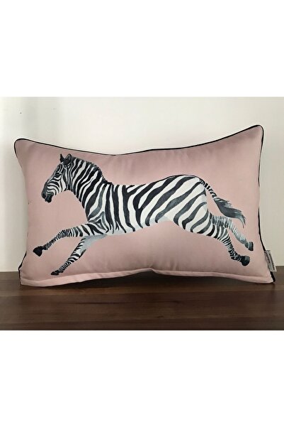 KIRLENTİM E712 Husă pentru pernă cu model zebra care alergă pe fundal roz, cu margini cu volan, modelată pe ambele părți-3050