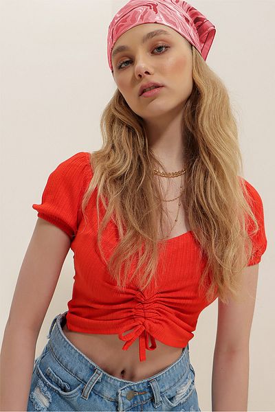 Trend Alaçatı Stili Women's Coral V-Neck Gathered Short Sleeve Crop Blouse ALC-740-001