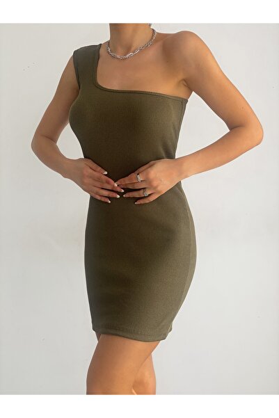 ladyzey Rochie mini kaki din țesătură cu un singur umăr pentru femei