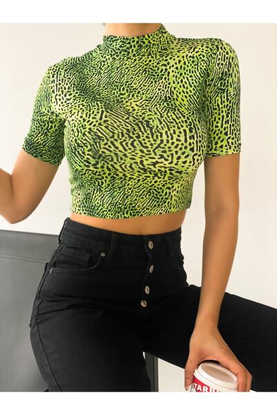 ladyzey Жіночий кроп-топ із зеленим леопардовим принтом - напівкомір, короткі рукави