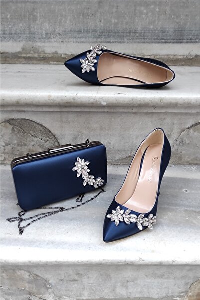 LA CALZATURE Satin bleumarin - Pantofi stiletto de damă Star Stone cu toc de ...