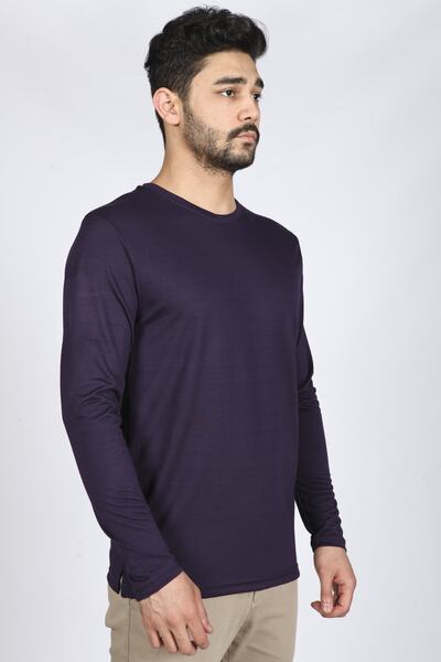 Bisiklet Yaka Floş-viscose T-shirt. Koyu Mor Renk.