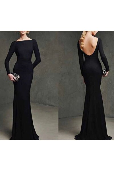 Styling Park Sırt Dekolteli Siyah Kadife Elbise