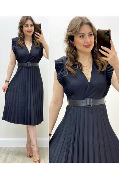 NKTCOLLECTİON Rochie neagră de damă, fără mâneci, lungime midi, plisată, cu curea, cu design elegant, plisată Nkt-apple