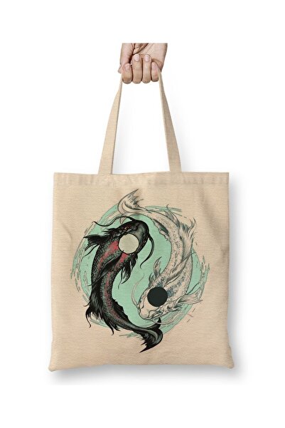 Baskı Dükkanı Koi Fish Yin And Yang Cloth Bag Long Handle