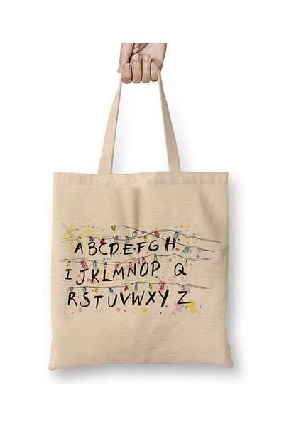 Baskı Dükkanı Stranger Things Alphabet Lumini de Crăciun Geantă din pânză Mâner lung