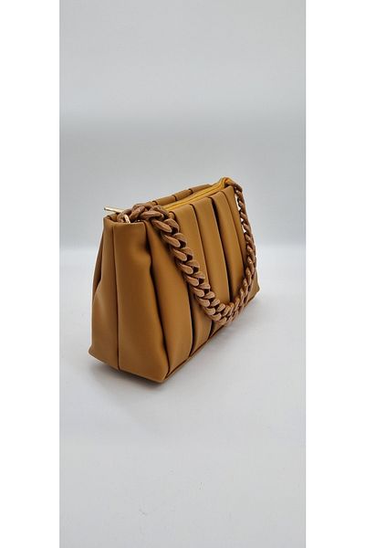 DSN Tan Color Pleat Detailed Faux Leather Hand and Shoulder Bag Y5843