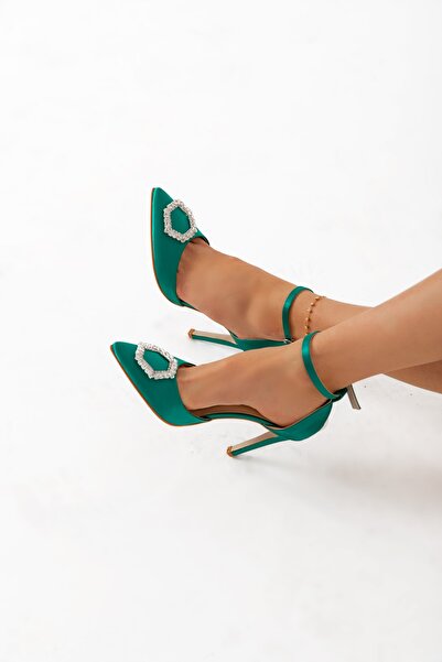 La Limar Pantofi cu toc pentru femei Limar, verde, satinat, cu detaliu, curea la gleznă, 10,5 cm, vârf ascuțit