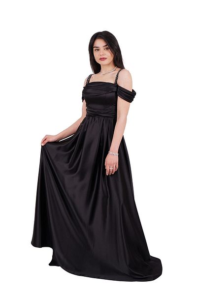SpringStore Rochie de seară din satin cu bretele din piatră neagră