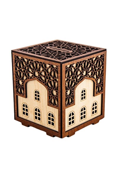 Bestah Ajans Ahşap Motifli Kilitli Kumbara Ve Sadaka Kutusu (ORTA BOY)