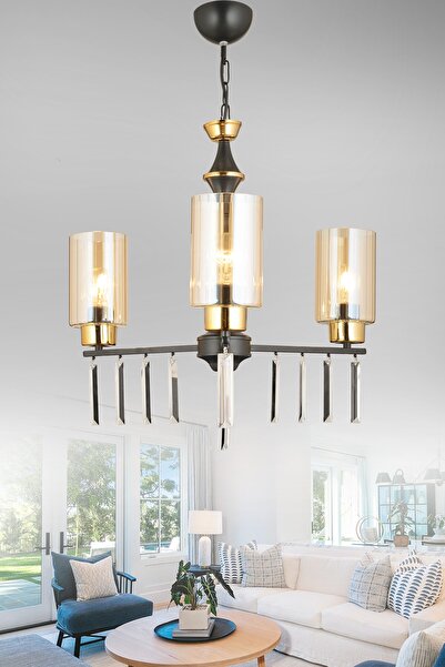 Genel Markalar Pervane 3'lü Siyah Silindir Camlı Lüks Yukarı Bakan Kristal Ta...