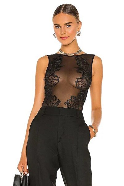 GİYİMX Siyah Dantel Detaylı Sıfır Kol Likralı Çıtçıtlı Bodysuit Gecelik