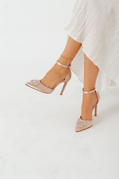 La Limar Pantofi cu toc pentru femei Limar Bej Satin Stone Detaliat Curea la gleznă 10,5 cm Stiletto vârf ascuțit