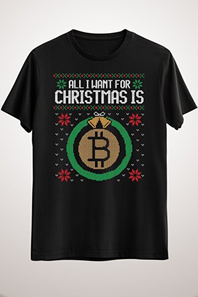 GreenMint Унисекс черен грозен коледен пуловер All I Want Bitcoin Essential T...