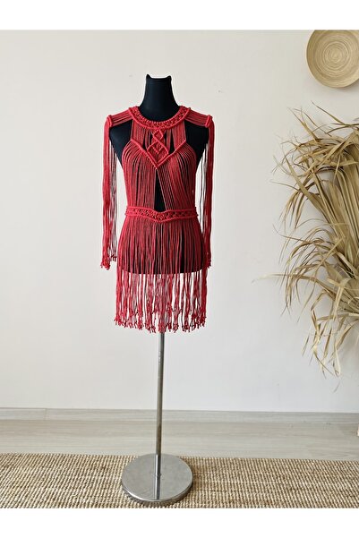 Dekor Kapanı Kırmızı Makrome Plaj Elbisesi