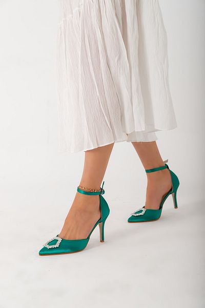 La Limar Pantofi cu toc de damă cu vârf ascuțit, verde lime, satin, cu detaliu, gleznă, 8,5 cm