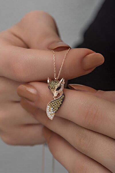 Nereze 925 Ayar Gümüş Sarı Zirkon Taşlı Tilki Kolye