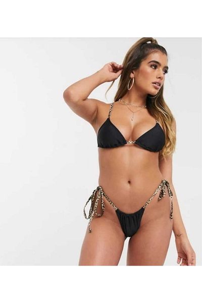 tknfashion Τελευταία τάση Leopard Piping Λεπτομερής πλαϊνή δεσμένη στρινγκ με μαύρη επένδυση διπλό μπικίνι