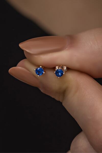 Nereze 925 Ayar Gümüş Rose 3 Mm Lacivert Taşlı Tektaş Küpe