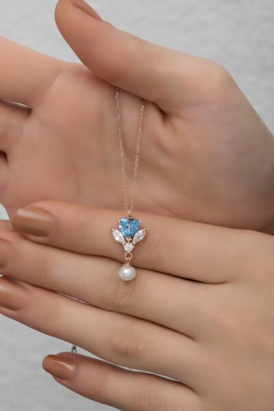 Nereze 925 Ayar Gümüş Inci Detay Aquamarin Taşlı Kalp Kolye